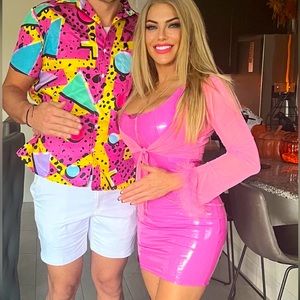 Halloween Barbie pleather pink dress w/see through cover up feather cuffs.